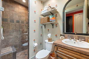 Full bath with vanity, a shower stall, and backsplash