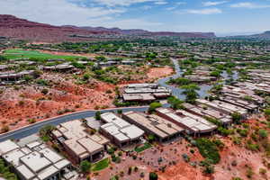 Aerial view of residential area featuring mountains