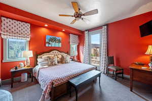 Bedroom with carpet, recessed lighting, and a ceiling fan