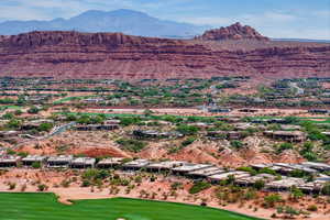 Bird's eye view of a mountainous background and a desert landscape