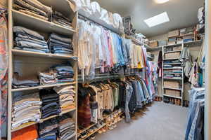 Walk in closet with carpet floors and a skylight