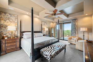 Bedroom with access to outside, coffered ceiling, beam ceiling, carpet floors, and recessed lighting