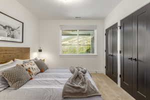 Bedroom with wood finished floors and multiple closets