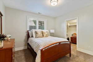 Bedroom with carpet floors and a spacious closet