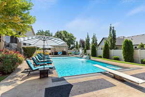 View of swimming pool featuring a diving board and a patio area