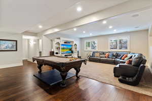 Recreation room with pool table, dark wood-style floors, and recessed lighting