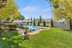 View of pool with a fenced backyard, a patio area, and a diving board