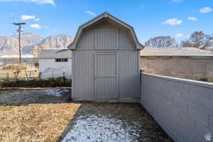 View of shed featuring a mountain view
