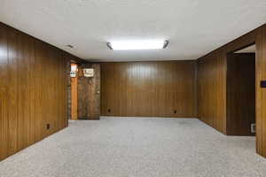 Finished basement featuring carpet flooring, wooden walls, and a textured ceiling