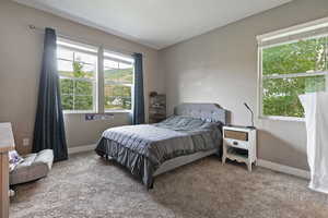 Carpeted bedroom with multiple windows
