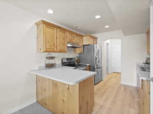 Kitchen with arched walkways, recessed lighting, stainless steel appliances, a peninsula, and light wood-style flooring