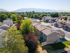 Aerial view of residential area with mountains