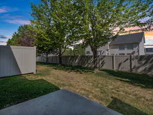 Yard at dusk with a fenced backyard and a patio