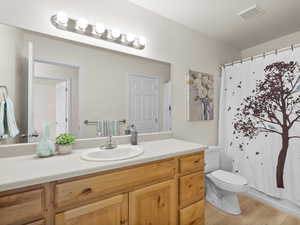 Bathroom featuring vanity, wood finished floors, and a shower with shower curtain