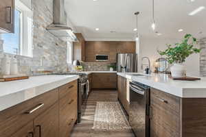Kitchen with range hood, stainless steel appliances, light countertops, dark wood-style flooring, and pendant lighting