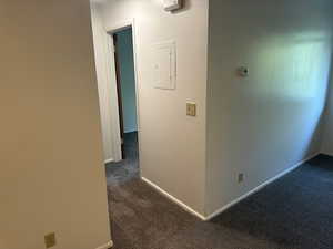 Hall with dark carpet and electric panel