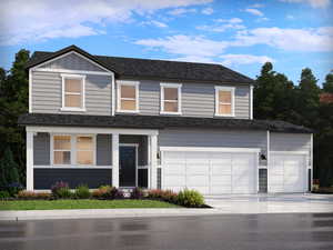 View of front of property featuring concrete driveway, an attached garage, and roof with shingles