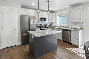 Kitchen with stainless steel appliances, dark wood-type flooring, a center island, hanging light fixtures, and white cabinets
