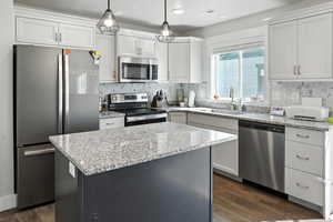 Kitchen with stainless steel appliances, dark wood-type flooring, a kitchen island, pendant lighting, and recessed lighting