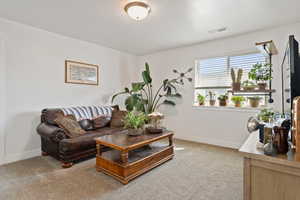 Carpeted living area with baseboards