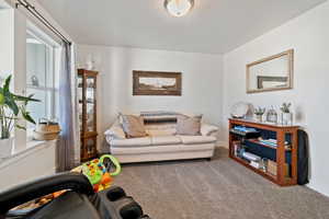 Carpeted living room featuring baseboards