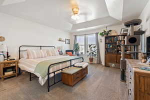 Carpeted bedroom featuring a tray ceiling