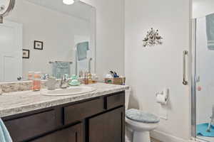 Full bathroom with vanity and a shower stall