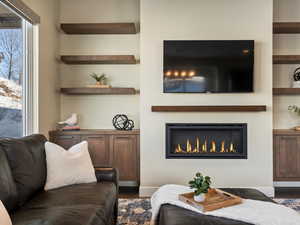Living area featuring wood finished floors and a glass covered fireplace