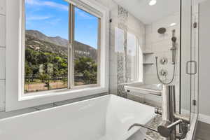 Full bath with a mountain view, a freestanding bath, a shower stall, and recessed lighting