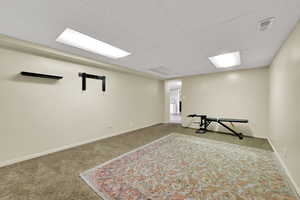 Finished below grade area featuring carpet and a paneled ceiling