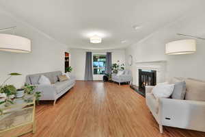 Living room with crown molding, light wood finished floors, and a high end fireplace