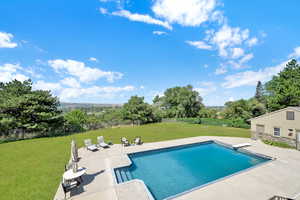 Swimming pool featuring a patio area and a diving board