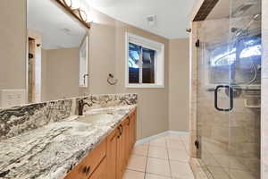 Full bath featuring tile patterned flooring, vanity, a stall shower, and healthy amount of natural light