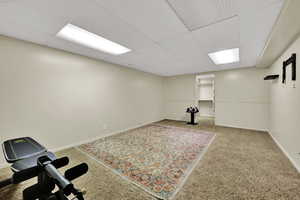 Workout room with a paneled ceiling and carpet flooring