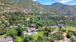 Aerial view of mountains and a pool area