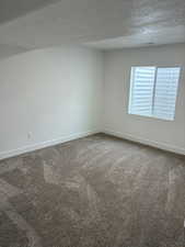 Unfurnished room with a textured ceiling and carpet flooring