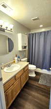 Bathroom with vanity, a textured ceiling, and wood finished floors