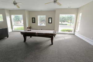 Rec room featuring a ceiling fan, carpet, billiards table, plenty of natural light, and recessed lighting