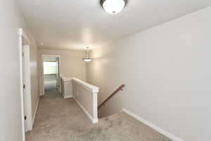 Corridor with an upstairs landing and light carpet.