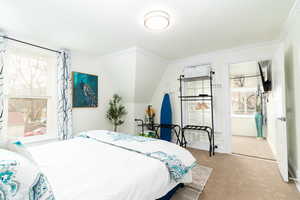 Carpeted bedroom with crown molding and baseboards