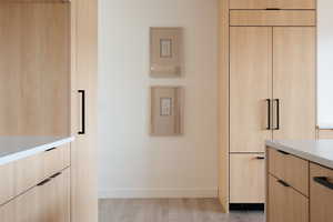Kitchen with light brown cabinetry, light wood-style flooring, light countertops, and modern cabinets