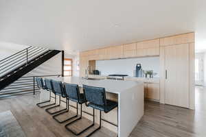 Kitchen featuring modern cabinets, light brown cabinetry, a breakfast bar area, and recessed lighting