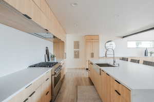 Kitchen featuring modern cabinets, light brown cabinets, light wood-type flooring, stainless steel stove, and light countertops