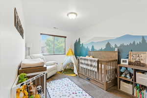 Carpeted bedroom featuring a nursery area