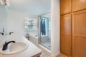 Large primary bath with jetted tub, separate shower, dual sinks, & built in cabinetry