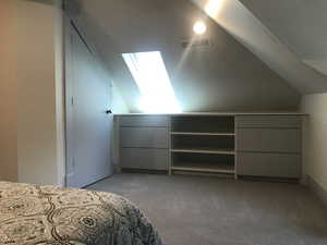 Unfurnished bedroom with light colored carpet, a skylight, and vaulted ceiling