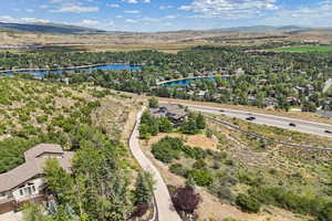 Bird's eye view of a tree filled landscape and a water and mountain view