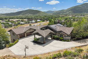 Aerial view of residential area with mountains