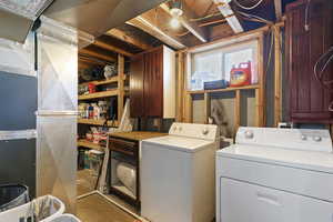 Laundry area with washer and clothes dryer and heating unit