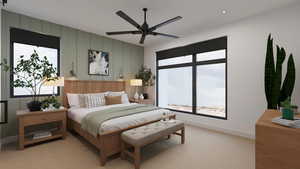 Bedroom with light colored carpet and ceiling fan